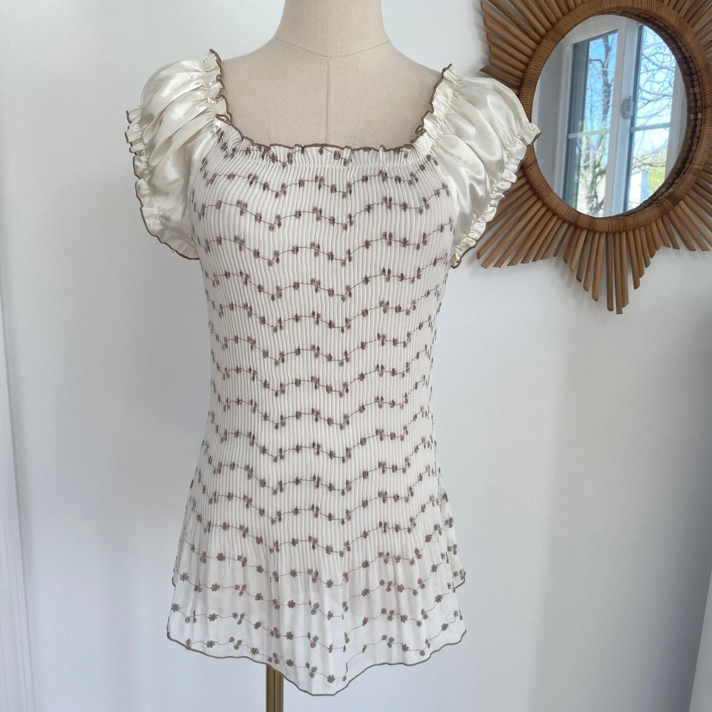 Vintage Y2K Piano Cream Satin Brown Embroidered Chiffon Blouse M Coquette